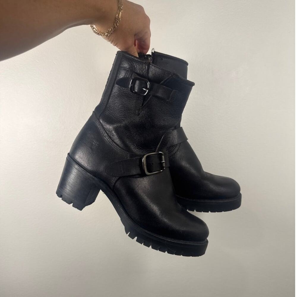 Frye Sabrina Moto Harness Bootie in Black Leather, 7.5